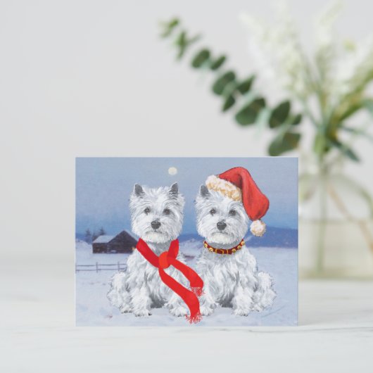 Twin Westies auf einem Wintry-Abend Postkarte (Stehend Vorderseite)