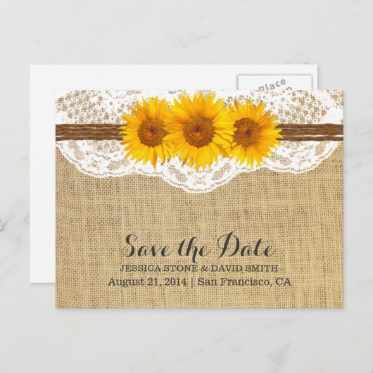 Twine & Sunflower Lace Burlap Save the Date Ankündigungspostkarte (Vorne/Hinten)