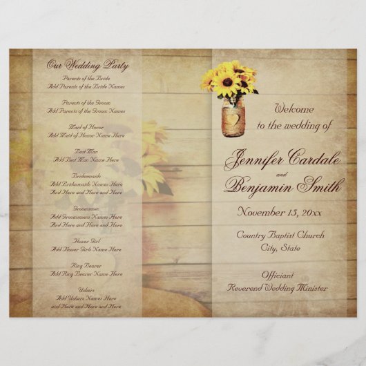 Twine Wrapped Mason Jar Sunflower Wedding Program (Vorderseite)