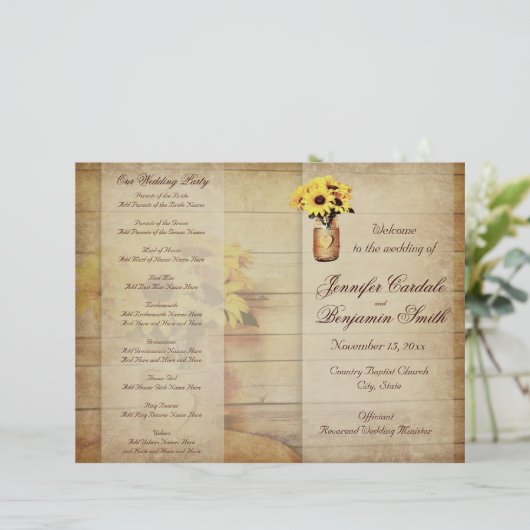 Twine Wrapped Mason Jar Sunflower Wedding Program (Stehend Vorderseite)