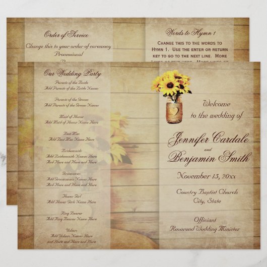 Twine Wrapped Mason Jar Sunflower Wedding Program (Vorne/Hinten)