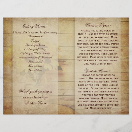 Twine Wrapped Mason Jar Sunflower Wedding Program (Rückseite)