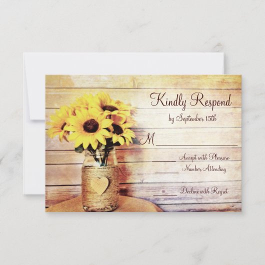 Twine Wrapped Mason Jar Sunflower Wedding RSVP Karte (Vorderseite)