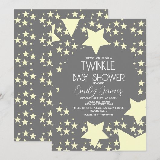 Twinkle Baby Dusche Gelbe Sterne Grau Hintergrund Einladung (Vorne/Hinten)