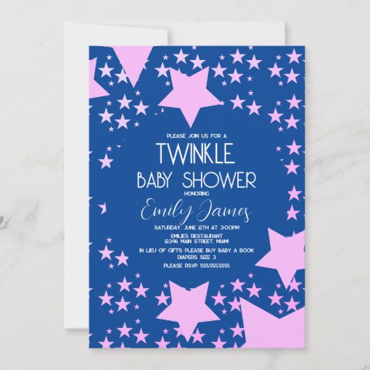 Twinkle Baby Dusche Rosa Sterne Blau Hintergrund Einladung (Vorderseite)