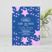 Twinkle Baby Dusche Rosa Sterne Blau Hintergrund Einladung (Stehend Vorderseite)