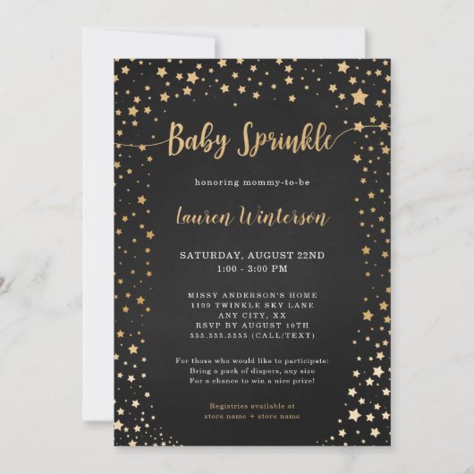 Twinkle Chalkboard Gold Star Baby Sprinkle Einladung (Vorderseite)