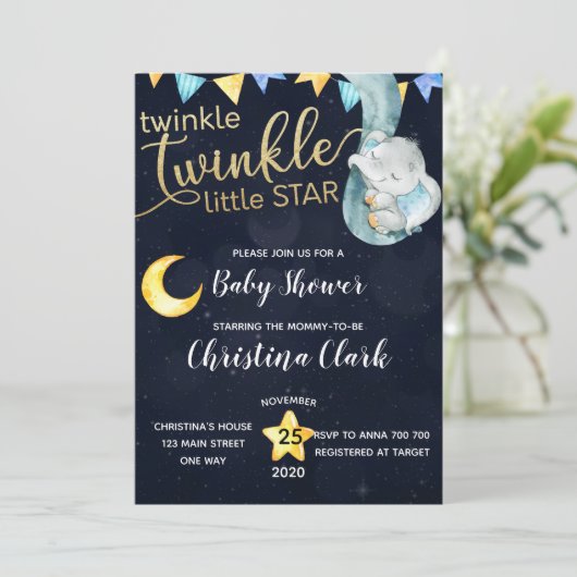 Twinkle Elephant Moon & Stars Kinderdusche Einladung (Stehend Vorderseite)