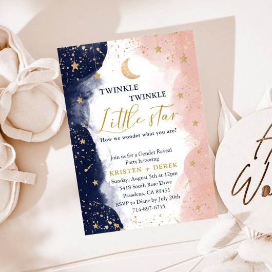 Twinkle Gender Reveal, Navy Blue und Blush Pink Einladung