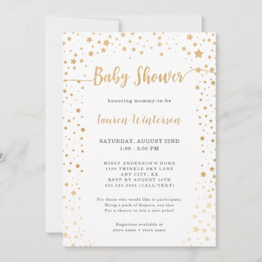 Twinkle Gold Star Kinderdusche Einladung (Vorderseite)