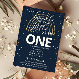 Twinkle Gold Star & Rainbow 1. Geburtstag Party Einladung