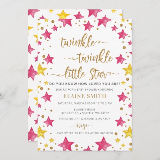 Twinkle kleine Star Gold Pink Girl Babydusche Einladung (Vorne/Hinten)