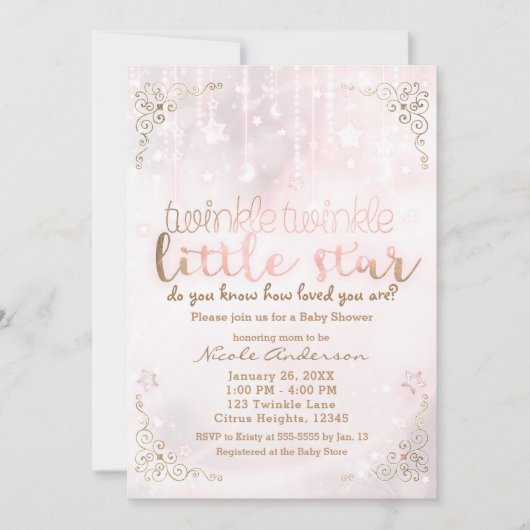 Twinkle kleine Star Pink Gold Kinderdusche Einladung (Vorderseite)