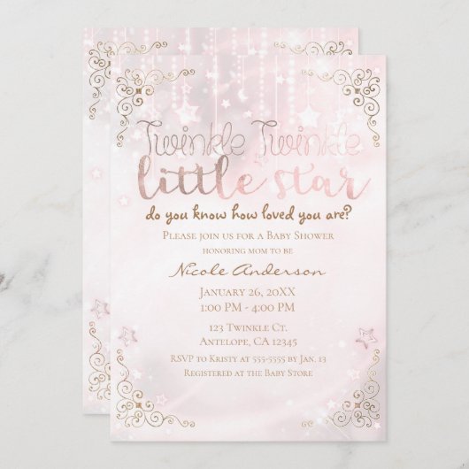 Twinkle kleine Star Pink Gold Kinderdusche Einladung (Vorne/Hinten)