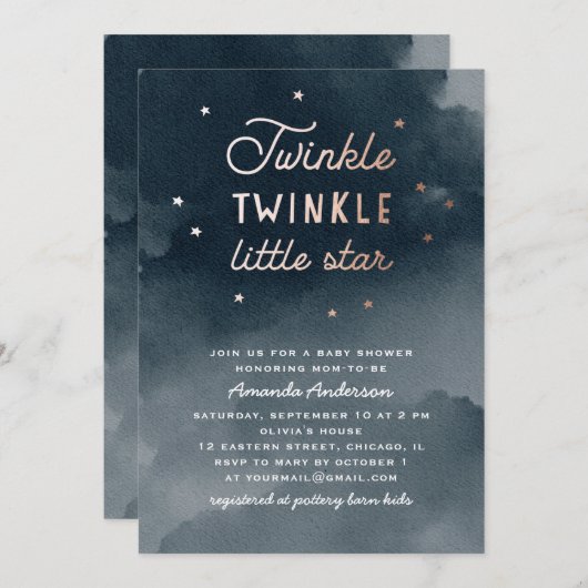 Twinkle kleiner Stern. Aquarellbrasse Babydusche Einladung (Vorne/Hinten)