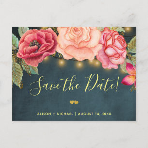 Twinkle-Lichter Navy-Blush-Rosen Hochzeit Termin m Ankündigungspostkarte
