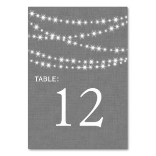 Twinkle Lights auf graue Burlap-Tischnummer Tischnummer