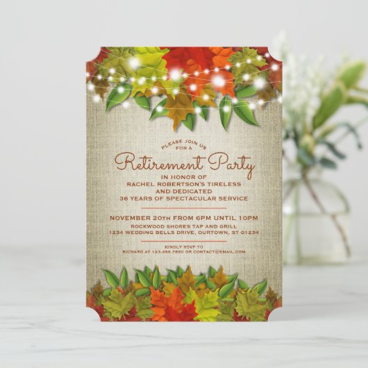 Twinkle Lights Autumn Burlap Retirement Party Einladung (Stehend Vorderseite)