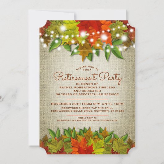 Twinkle Lights Autumn Burlap Retirement Party Einladung (Vorderseite)