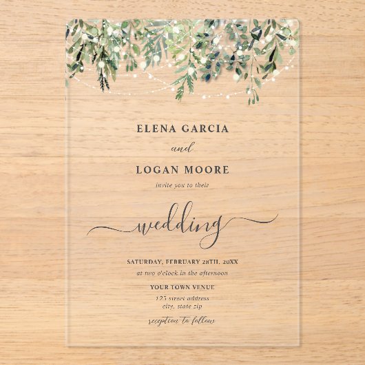 Twinkle Lights Grüne Wedding Acryleinladungen (Vorderseite)