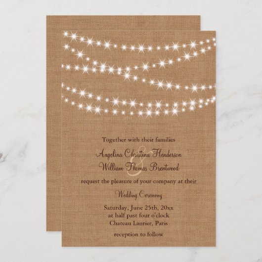 Twinkle Lights Hochzeitseinladung auf Burlap Einladung (Vorne/Hinten)