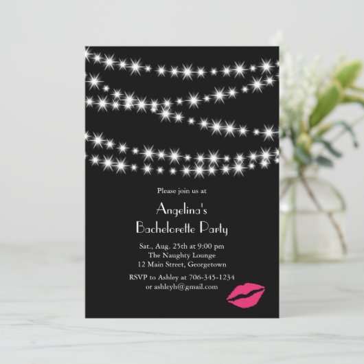 Twinkle Lights Junggeselinnen-Abschied (schwarz) Einladung (Stehend Vorderseite)