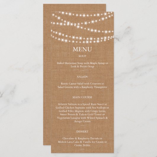 Twinkle LIghts Menu auf Burlap Menükarte (Vorne/Hinten)