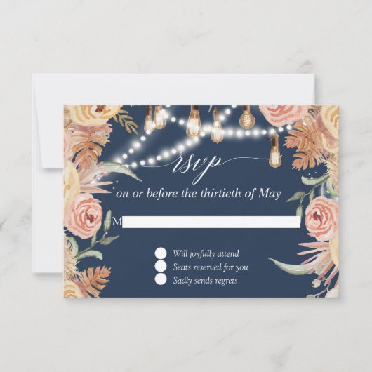 Twinkle Lights Navy Pink Floral Faded Foliage UAWG RSVP Karte (Vorderseite)