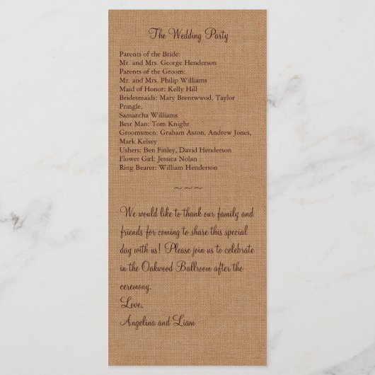 Twinkle Lights on Burlap Wedding Programm (Rückseite)