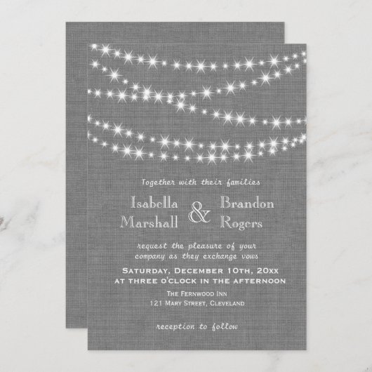 Twinkle Lights on Gray Burlap Hochzeit Einladung (Vorne/Hinten)