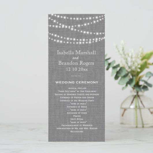 Twinkle Lights on Gray Burlap Wedding Programm (Stehend Vorderseite)