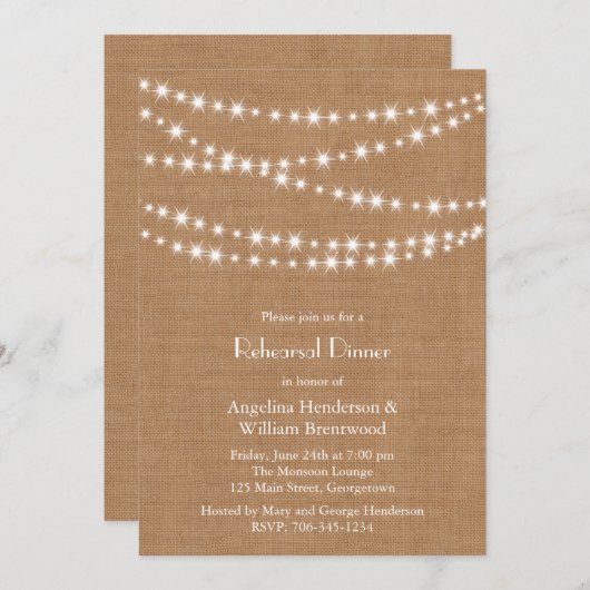 Twinkle Lights Probe Dinner Einladen zu Burlap Einladung (Vorne/Hinten)