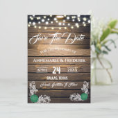 Twinkle Lights Rustic Wood Lace Save The Date (Stehend Vorderseite)