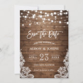 Twinkle Lights Rustic Wood Lace Save The Date (Vorderseite)