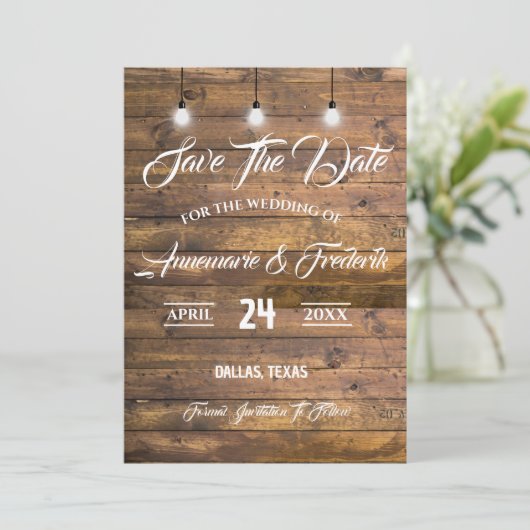 Twinkle Lights Rustic Wood Lace Save The Date (Stehend Vorderseite)