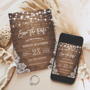 Twinkle Lights Rustic Wood Lace Save The Date