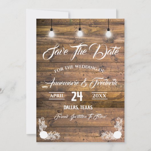 Twinkle Lights Rustic Wood Lace Save The Date (Vorderseite)