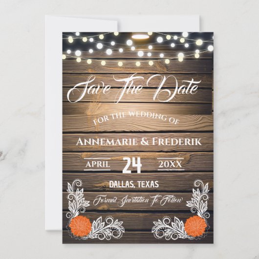 Twinkle Lights Rustic Wood Lace Save The Date (Vorderseite)
