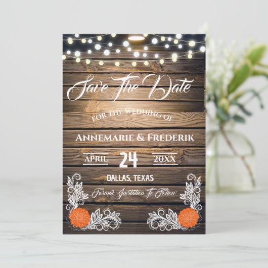 Twinkle Lights Rustic Wood Lace Save The Date (Stehend Vorderseite)