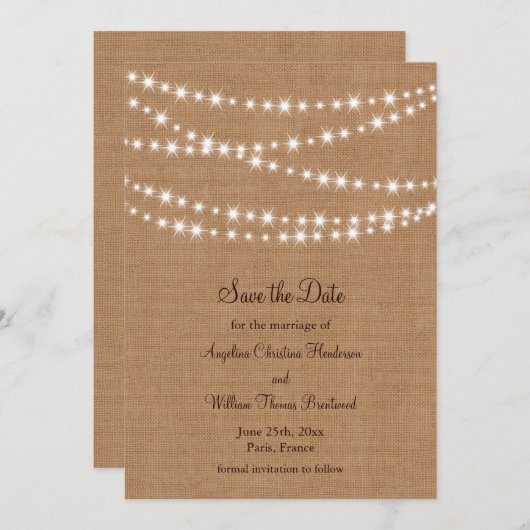 Twinkle Lights Save the Date auf Burlap (Vorne/Hinten)
