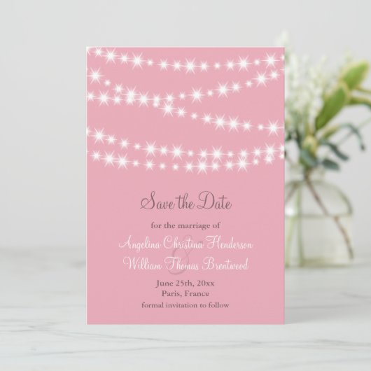Twinkle Lights Save the Date (pink) (Stehend Vorderseite)