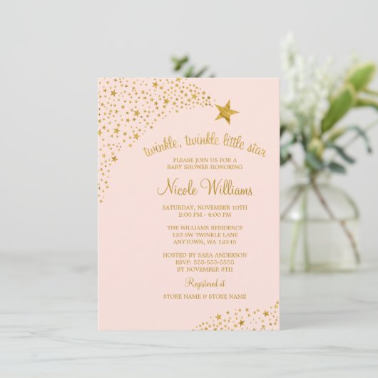Twinkle Little Shooting Star Pink Gold Baby Dusche Einladung (Stehend Vorderseite)