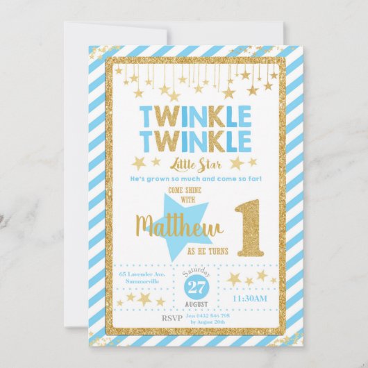 Twinkle Little Star 1. Geburtstag Einladung Junge (Vorderseite)