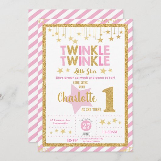 Twinkle Little Star 1. Geburtstag Einladung Mädche (Vorne/Hinten)
