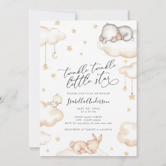 Twinkle Little Star Animals Neutral Baby Dusche Einladung (Vorderseite)