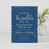 Twinkle Little Star Baby Blue & Gold 1. Geburtstag Einladung (Stehend Vorderseite)
