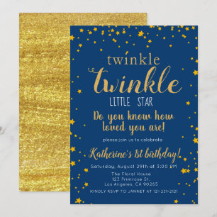Twinkle Little Star Baby Blue & Gold 1. Geburtstag Einladung