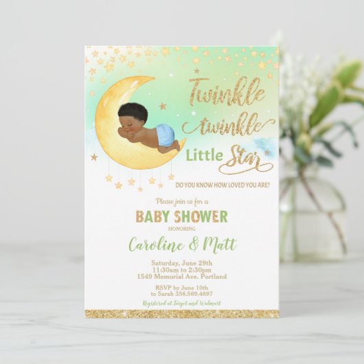Twinkle Little Star Baby Dusche Afroamerikaner Einladung (Stehend Vorderseite)