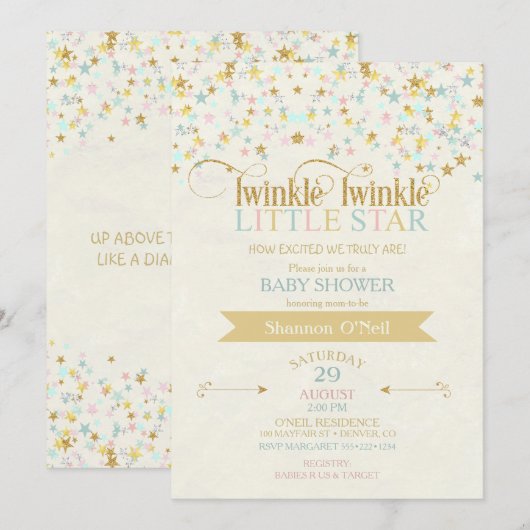 Twinkle Little Star Baby Dusche Gold Aqua Einladung (Vorne/Hinten)