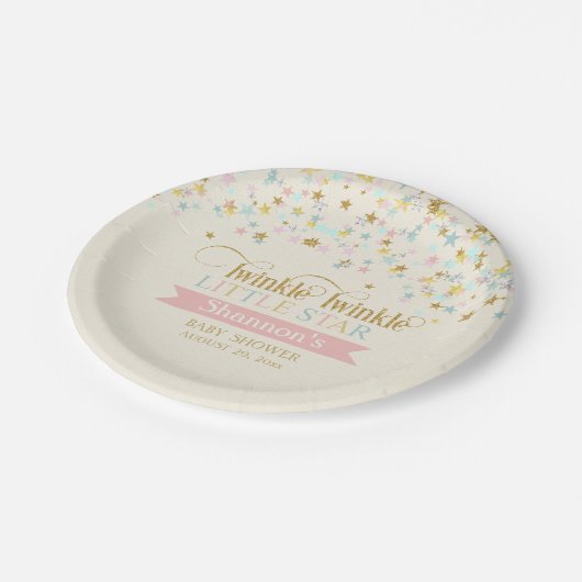 Twinkle Little Star Baby Dusche Gold Aqua Pink Pappteller (Schrägansicht)